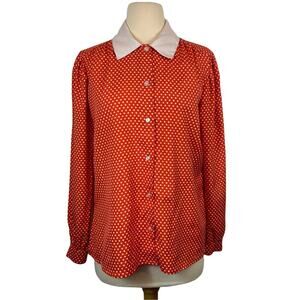 Vintage Lady Holiday Red Polka Dot White Collared Button Down Blouse Retro Pinup